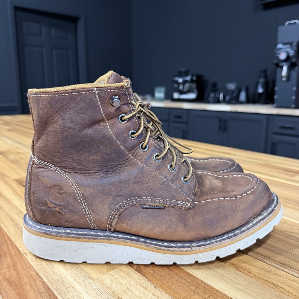 Carhartt Boots Mens Size 8.5 Brown Moc Toe 6" Waterproof Wedge Work Boot Leather